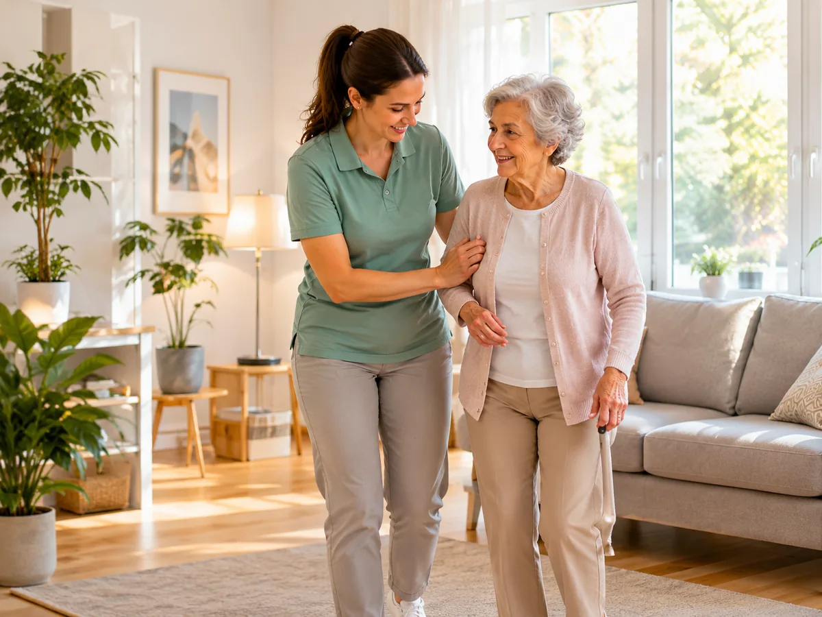 Pflegekraft begleitet eine Seniorin sicher in der Wohnung