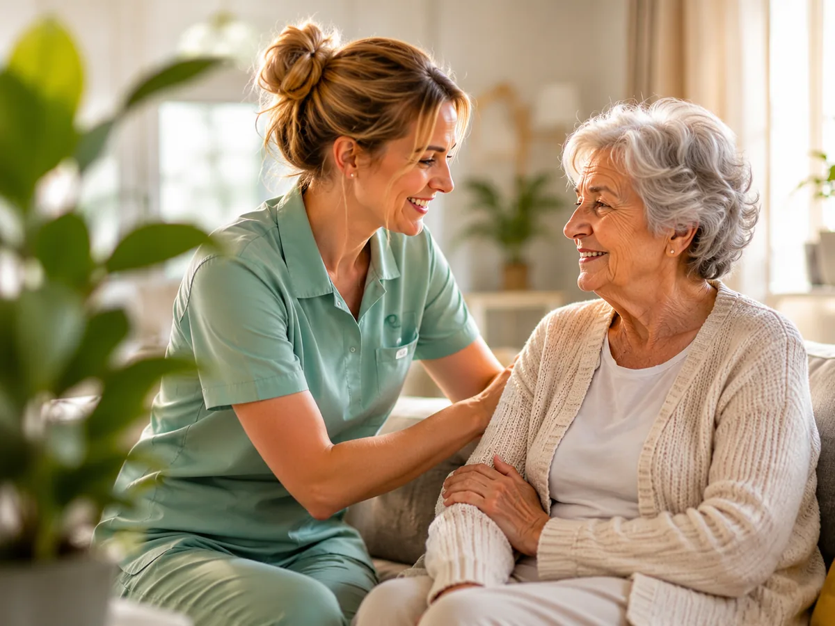 Pflegekraft im vertrauensvollen Gespräch mit Seniorin